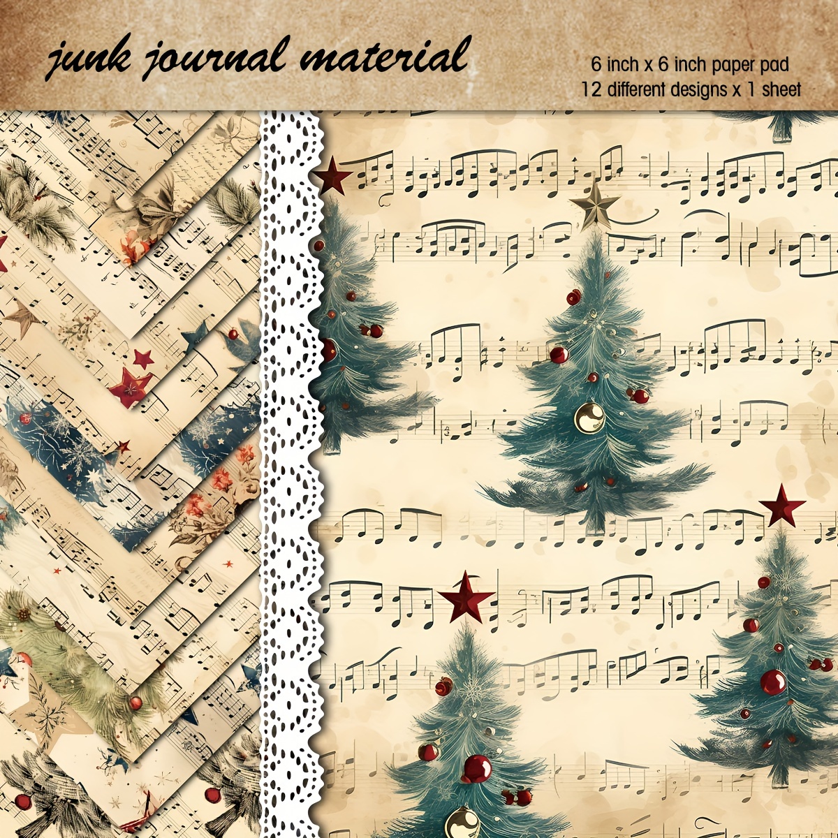 

12-pack 6x6 Inch Vintage Christmas Music Sheet Scrapbooking Paper Pad, & Christmas Themed Craft Set, For Papercraft & Diy Projects, Junk Journal Supplies With Pastoral Pattern - 160gsm Cardstock