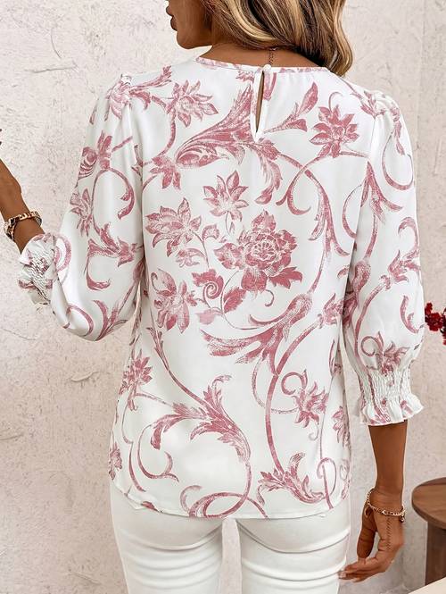 camisa feminina elegante de jardineira e - blusa estampada de /verão, lavável à máquina, adequada para uso casual e de escritório, blusa estampada de bufante, camisa feminina casual de e redonda de