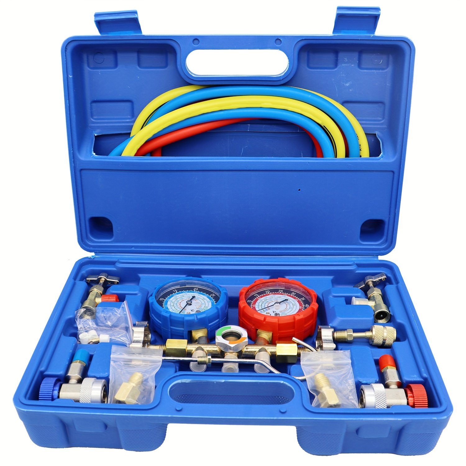TEMU R410a R22 R134a R404a Refrigerant Ac Manifold Gauge Set, 3-way Refrigerant Charging Kit With 1.2m Hose, Coupler And Connector