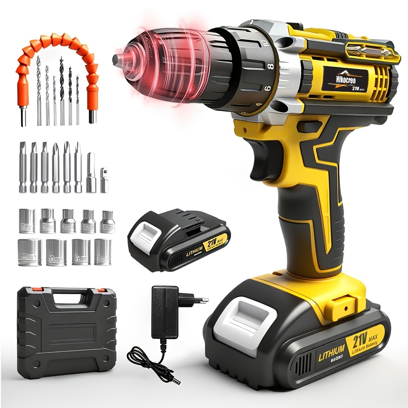 TEMU Ensemble de perceuse fil. perceuse est dotée d'un mandrin clé de 3/8 pouce et d'une lampe de travail. Elle fonctionne une perceuse pistolet à