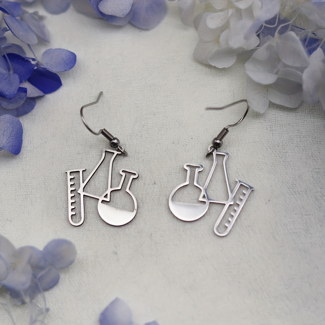 Bohemian-inspired Stainless Steel Chemical Reagent Bottle Earrings For - Trendy Hollow Clavicle Jewelry With Unique Dropper & , Quirky Earrings, Without Battery