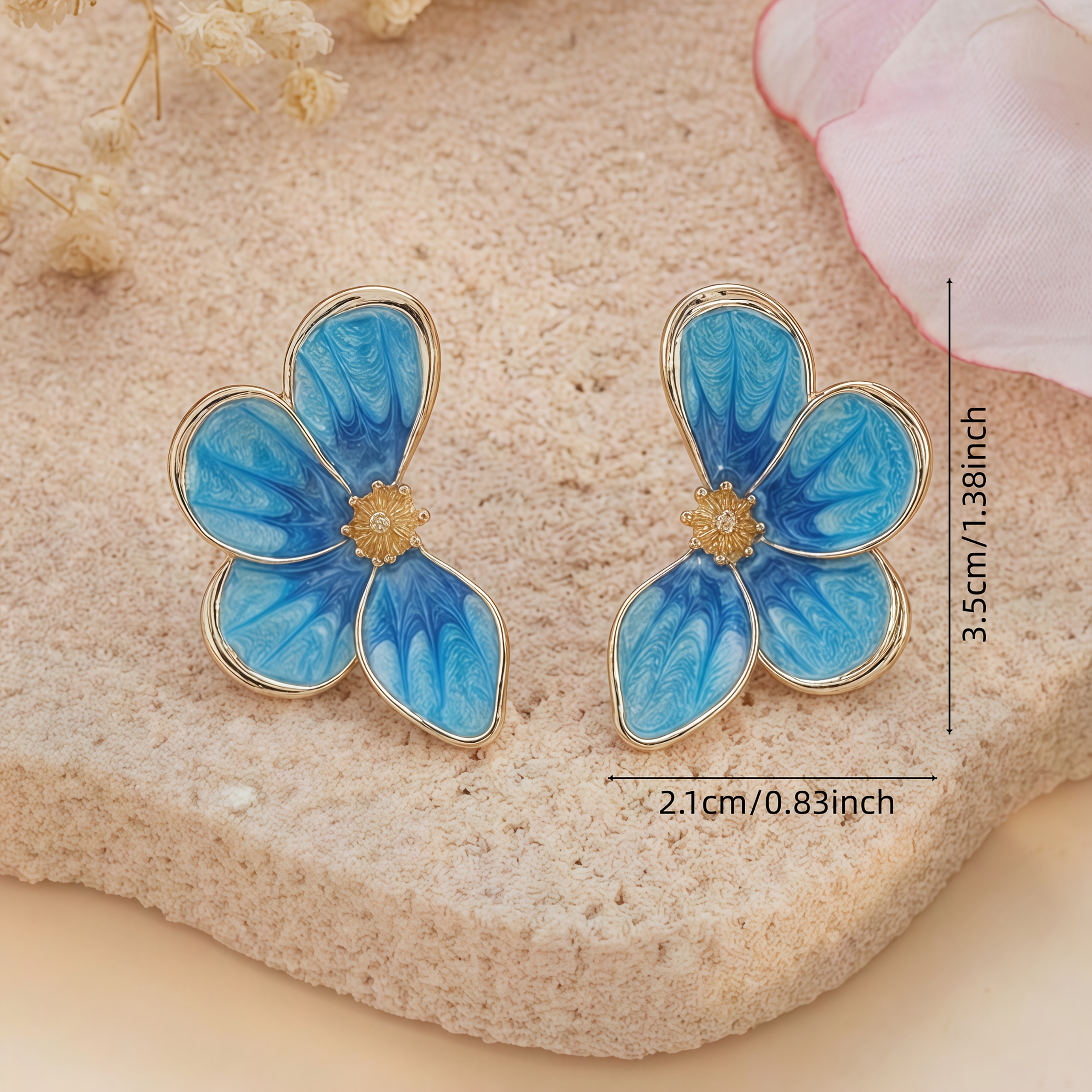 Women's Vintage Blue Enamel Flower Stud Earrings, Elegant Design