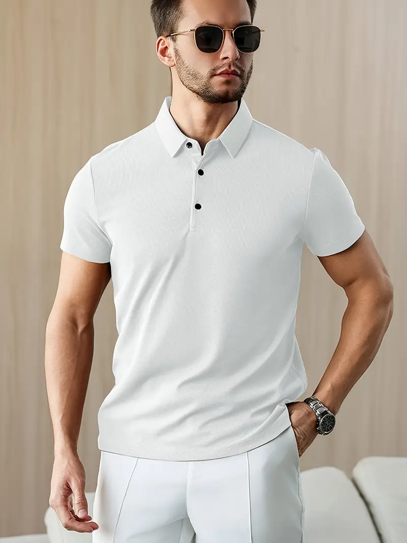 mens summer shirt solid color casual short sleeve with button collar lightweight polyester for sports outdoor leisure activities casual summer wear knitted weave details 12