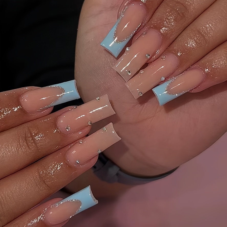 

Blue French And Nude Diamond Encrusted , Removable Press-on Nails, Long Square Nails, Handmade Diy Salon Nail Art, Reusable Fake Nails