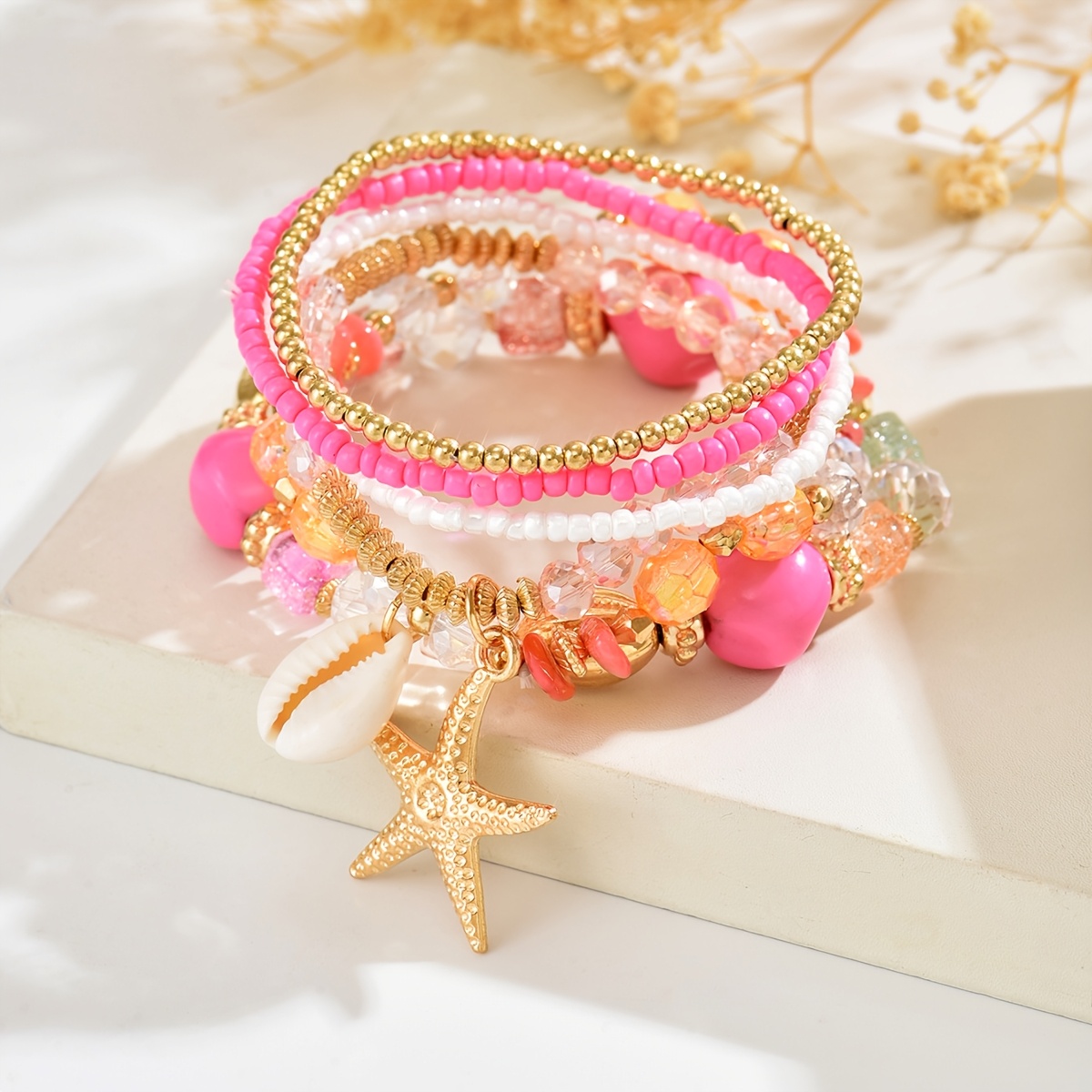 Image of 1 Set 6pcs Bohemian Ocean Beach Pure Handmade Artificial Shell/starfish Pendant Bracelet Set, Summer Beach Style Fashion Easy Retro Individual All-match Niche Temperament Elegant Bead Bracelet