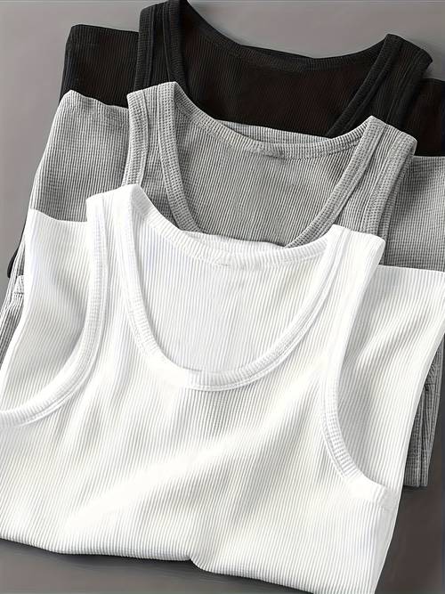3pcs mens solid color basic threaded cotton vest high stretch comfortable sports vest basic sports fitness mens high quality threaded vest