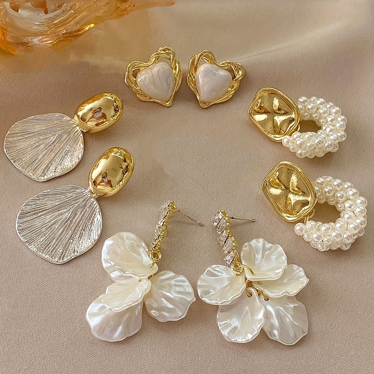 4 Pairs/set Elegant And Simple Vintage Round Shell Enamel Heart Versatile Luxurious Stud Earrings Set, Suitable For Women' And Holiday Wear