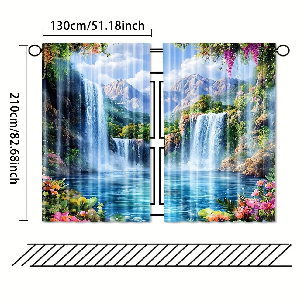 TEMU Set Of 2, Art Curtains Featuring A Waterfall Mountain Landscape, Made From Machine Washable Polyester With A , Suitable For Bedroom And