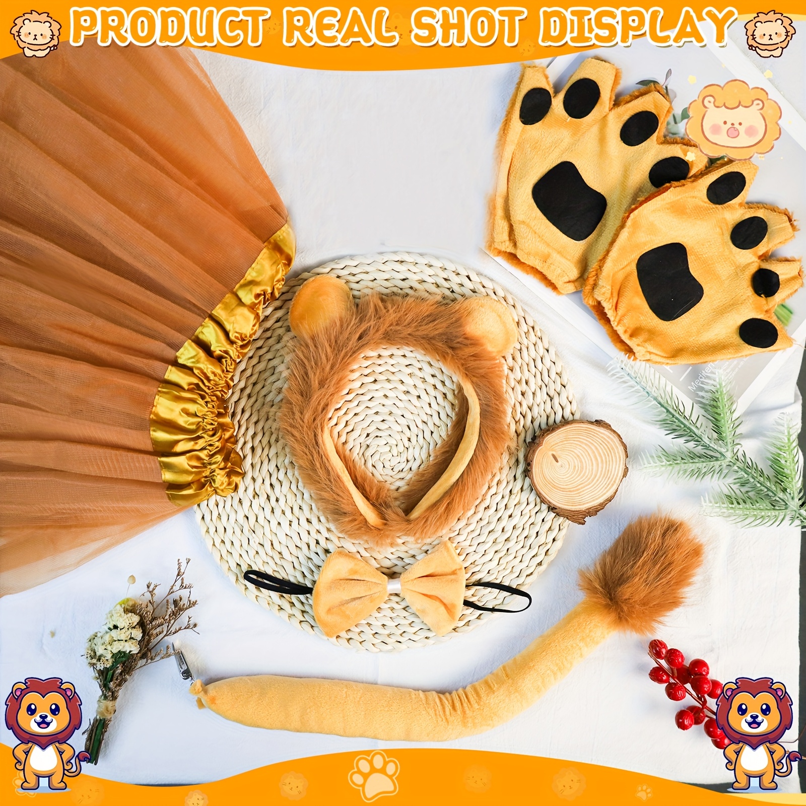 5-Piece Lion Costume Set For Adults - Headband With Ears, Furry Tail, Paw Gloves, Leg Sleeves - Halloween & Cosplay