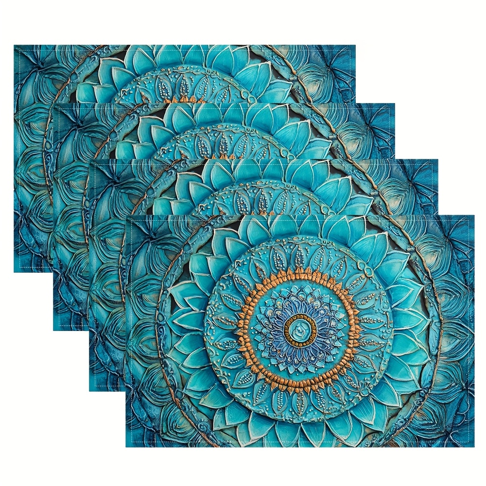 Image of 4pcs Mandala Turquoise Placemats, 100% Linen Woven Table Mats, Rectangle, Hand Wash, 12x18 Inch, With For Dining, Kitchen, Party, Home Decor