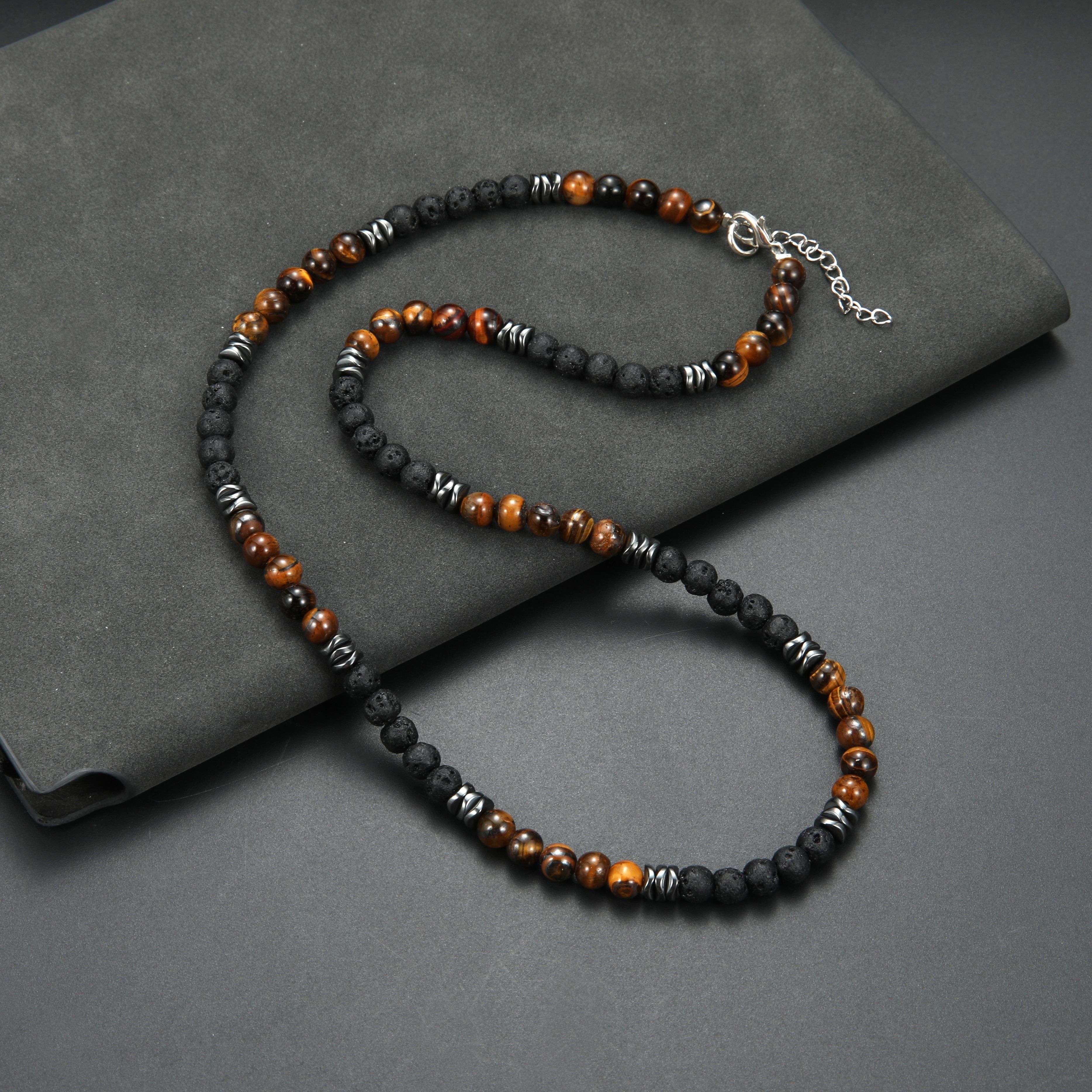 

Men's Trendy Beaded Necklace With 6mm Lava & Natural Stone - Fashionable Blue, Green, Eye Accents