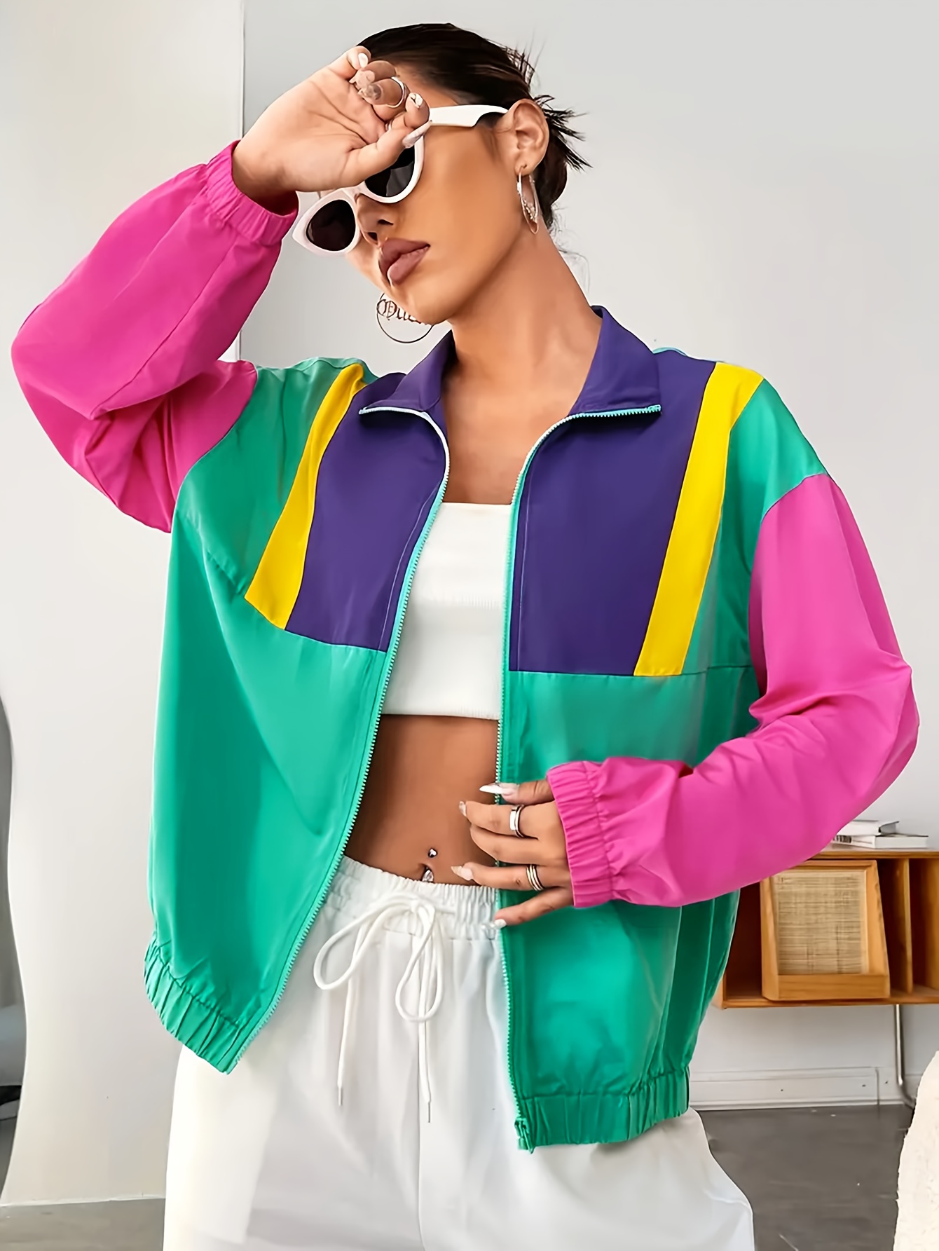 womens retro 80s neon color block zipper jacket full zip Temu