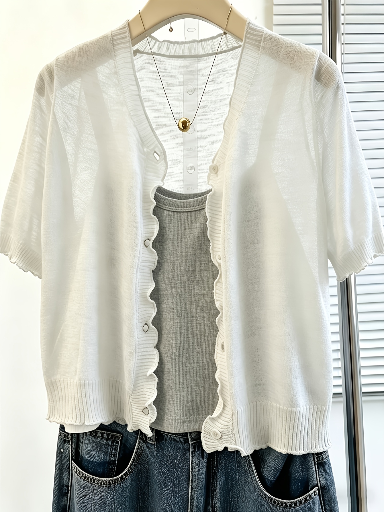 summer lightweight short sleeve shirt   room shirt solid color simple v neck ruffle cropped cardigan fashionable and versatile shawl cover up for women