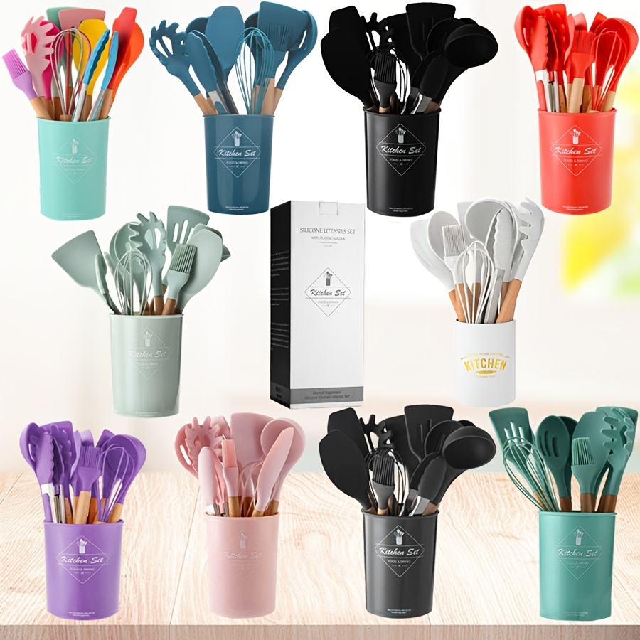 

12pcs/set, Brodark, Silicone Cooking Utensils Set With Wooden Handle, Pot Tools Set, Heat Resistant Turner, Tongs, Spatula, Spoon, Oil Brush And Whisk, Kitchen Supplies, Suitable For Restaurant