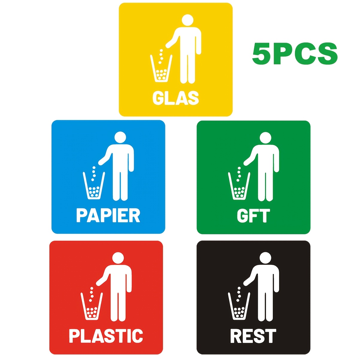 TEMU 5/10 stuks meerkleurige afvalscheidingsstickers voor glas / plastic / papier / voedselafval / ander afval, geschikt voor 3,9-inch prullenbakken