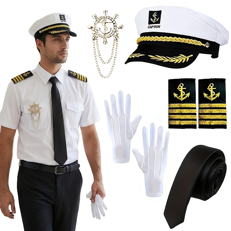 E-shop Herren Kapitänsuniform-Kostüm-Set – Nautisches Seemanns-Outfit mit Hut, Schulterklappen, Krawatte, Handschuhen & Ankerabzeichen – für Halloween,