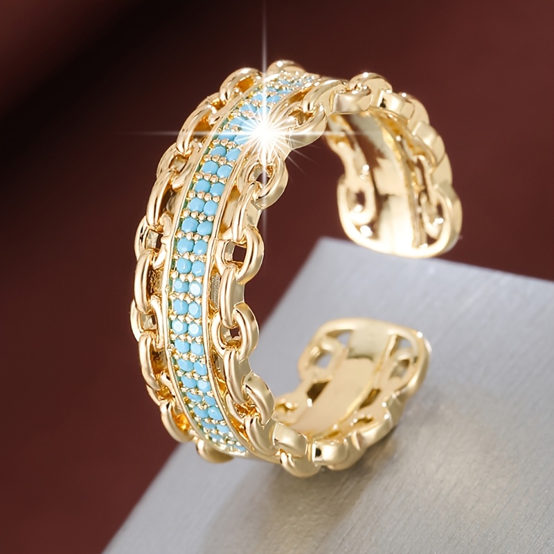 Adjustable Double Chain Open Ring with Zirconia Stones