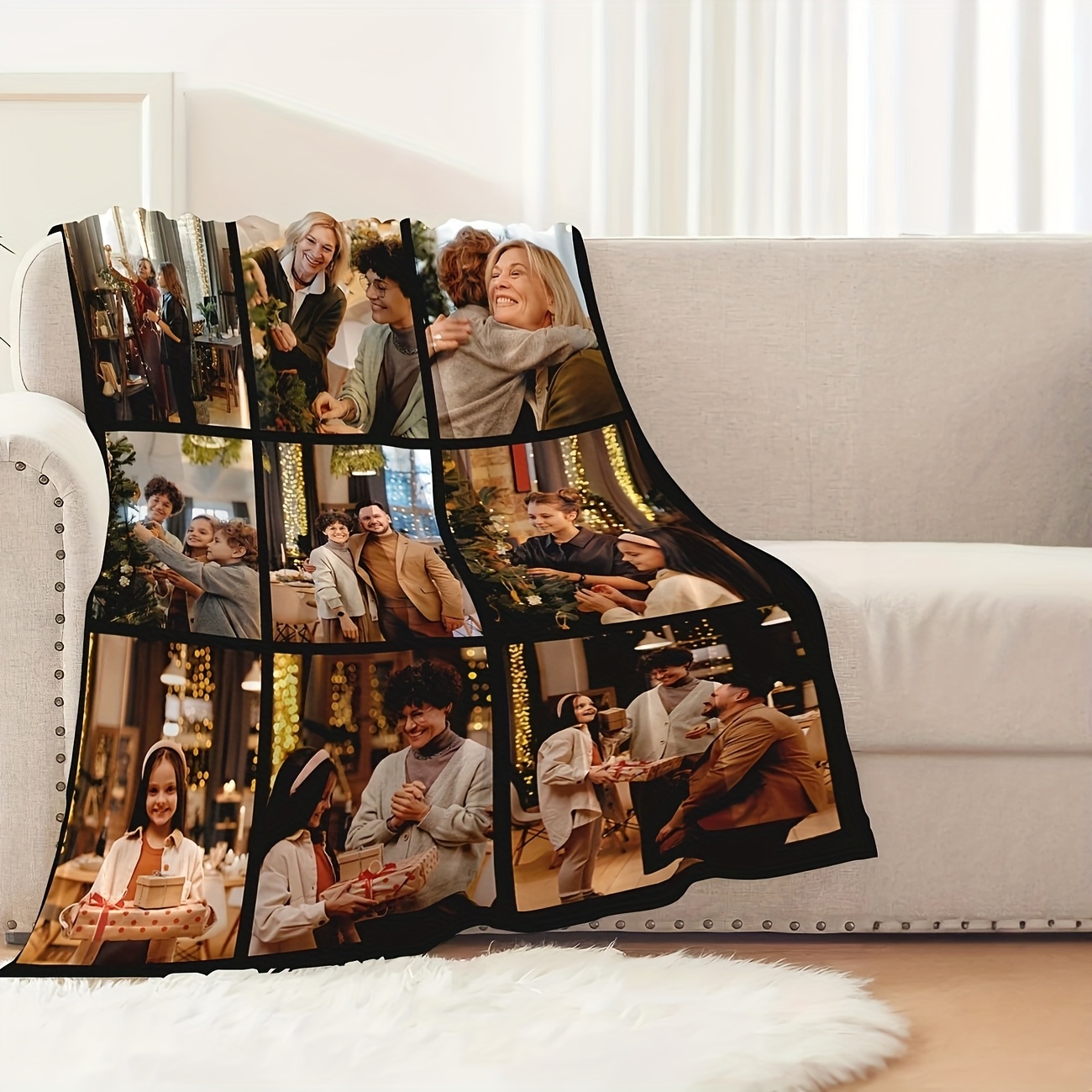 TEMU Personalized Plush Photo Blanket - Customizable With 9pcs Photos, Ideal For Special Occasions And Vacation Memories, Cozy And Warm For Sofa,