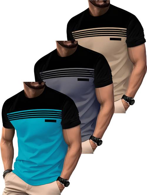 item picture 3pcs mens striped short sleeve t shirts solid design in grey turquoise breathable round neck casual summer tees with vertical striped sleeves machine washable versatile casual attire for beach office semi formal events