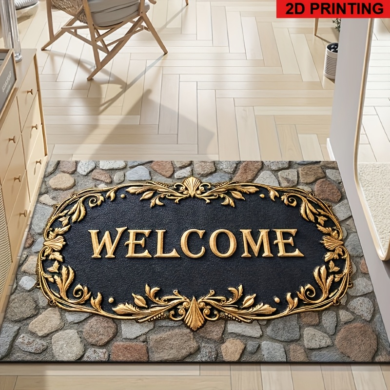 TEMU 2D Platte 1 Vintage Gouden Welkomstmat | Antislip, Machinewasbaar, Polyester, met Gouden Folie Design, Geschikt voor Entrees, Woonkamers,