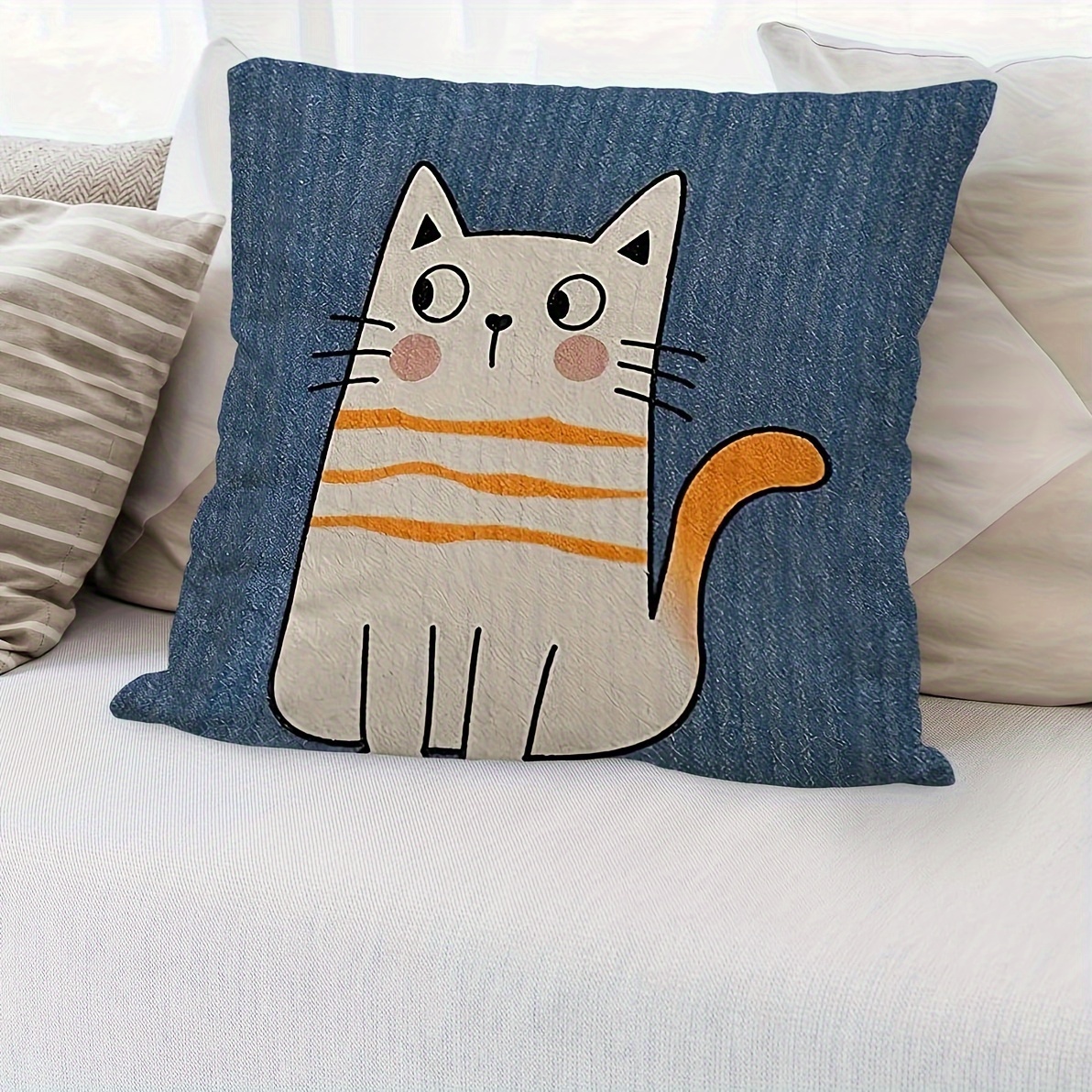 TEMU 魅力的なリネン製猫のスローピローカバー - かわいいキャラクター子猫デザイン、ジップクロージャー、ソファ＆ベッドデコ用洗濯機洗い可能