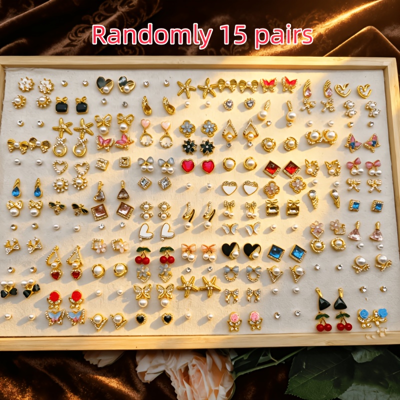 TEMU Light Luxury Anti- Earring Set, Random 15 Pairs, Golden-/mother-of-//heart/flower/star/cherry Shapes, Exquisite And Elegant For A , Suitable For