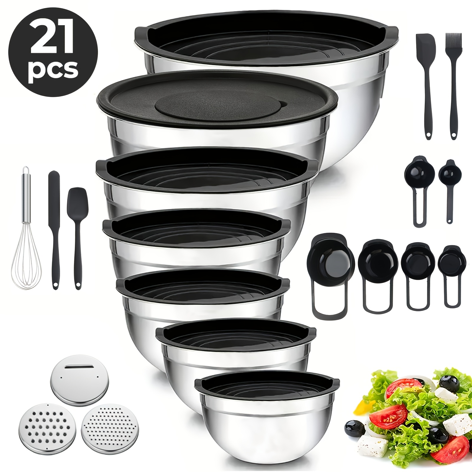 Image of 21pcs Lidded Mixing Bowl Set, Stainless Steel Nesting Salad Bowls For Cooking, Baking, And Food Bowls, Stackable, Meal Prep Bowls, Modern Kitchen Utensils