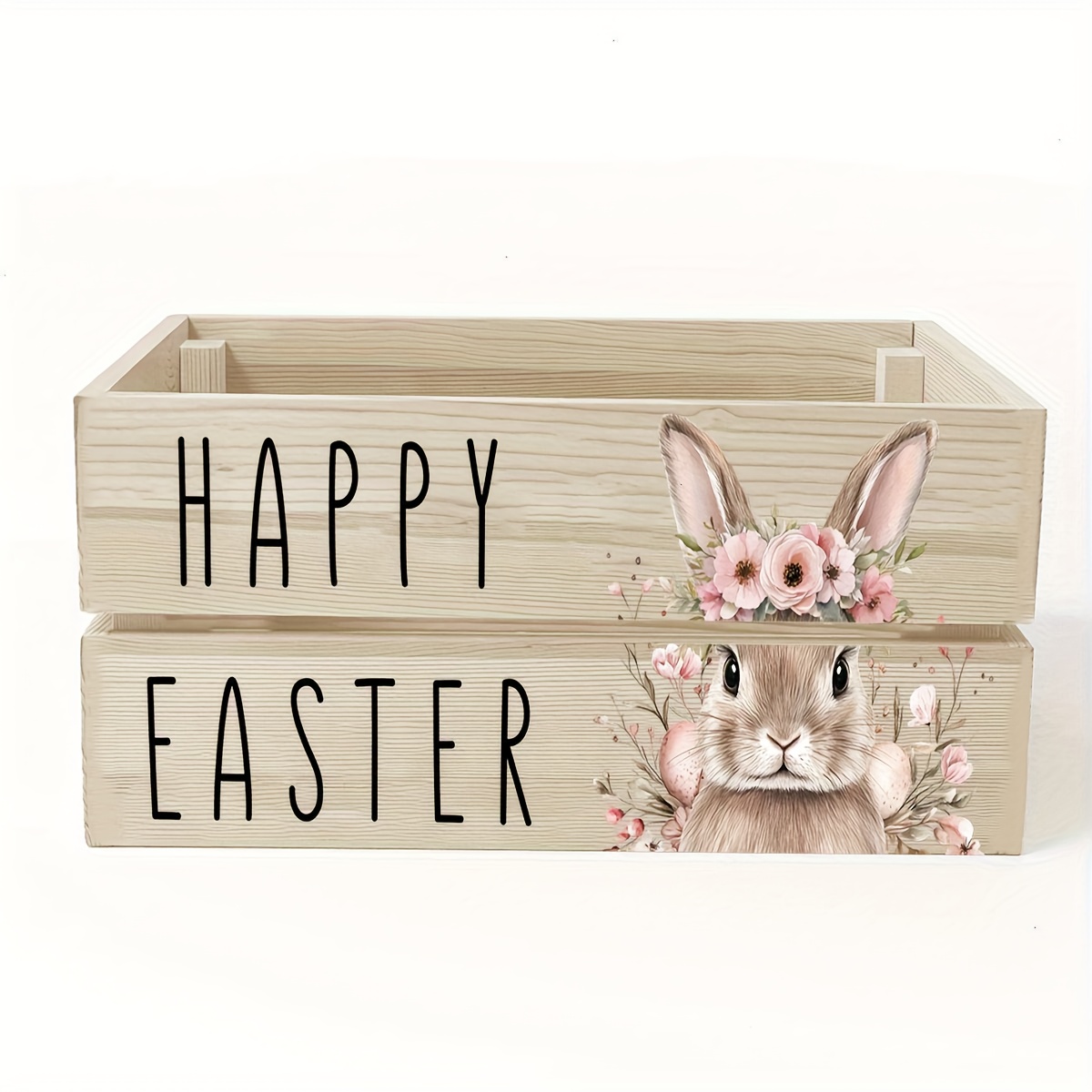 Spring Wooden Storage Box - Printed With A Bunny Wearing A Wreath, Open Storage Box, Decorative Wooden Box Suitable For Celebrating Easter Parties