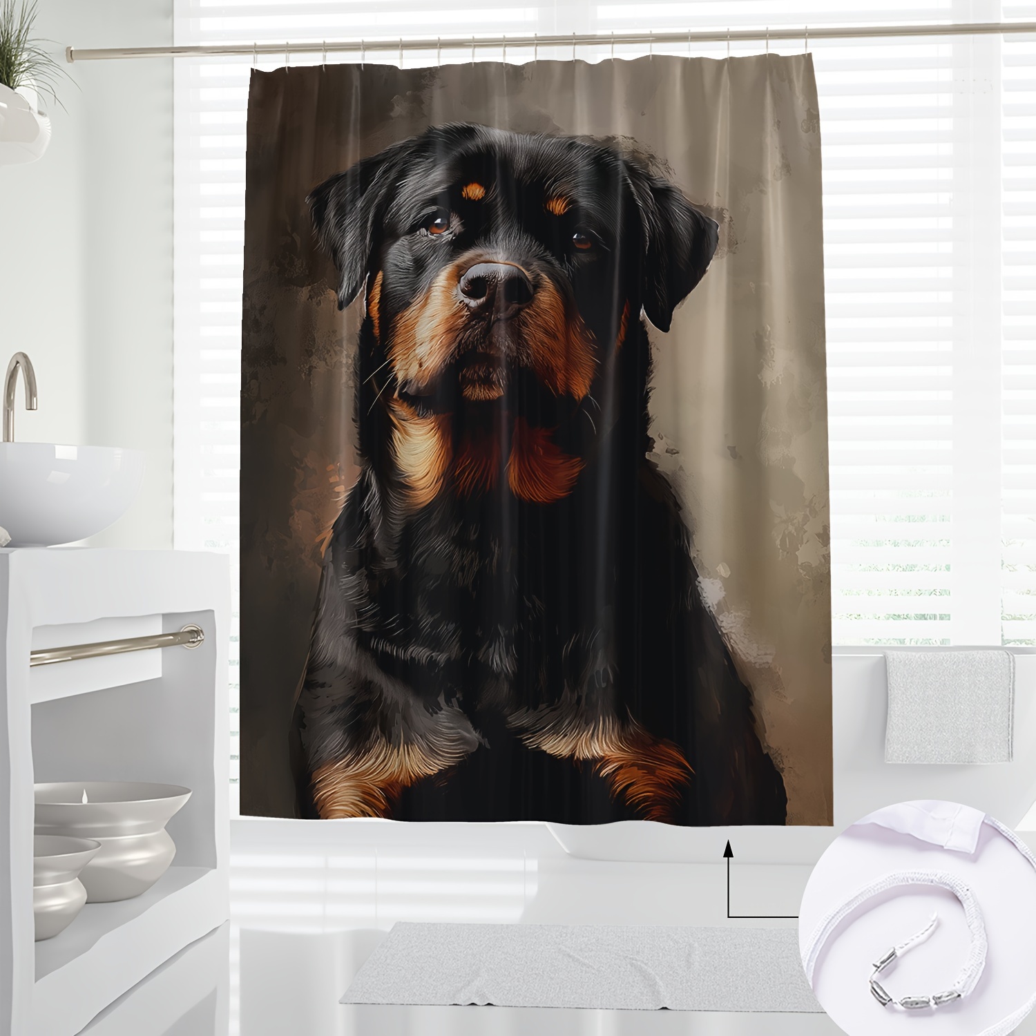 

1pc Hand-painted Cartoon Rottweiler Digital Print Shower Curtain, Polyester, Water-resistant, Machine Washable With Hooks, Novelty Art-themed Bathroom Decor, All-season, Woven Knit Partially Lined