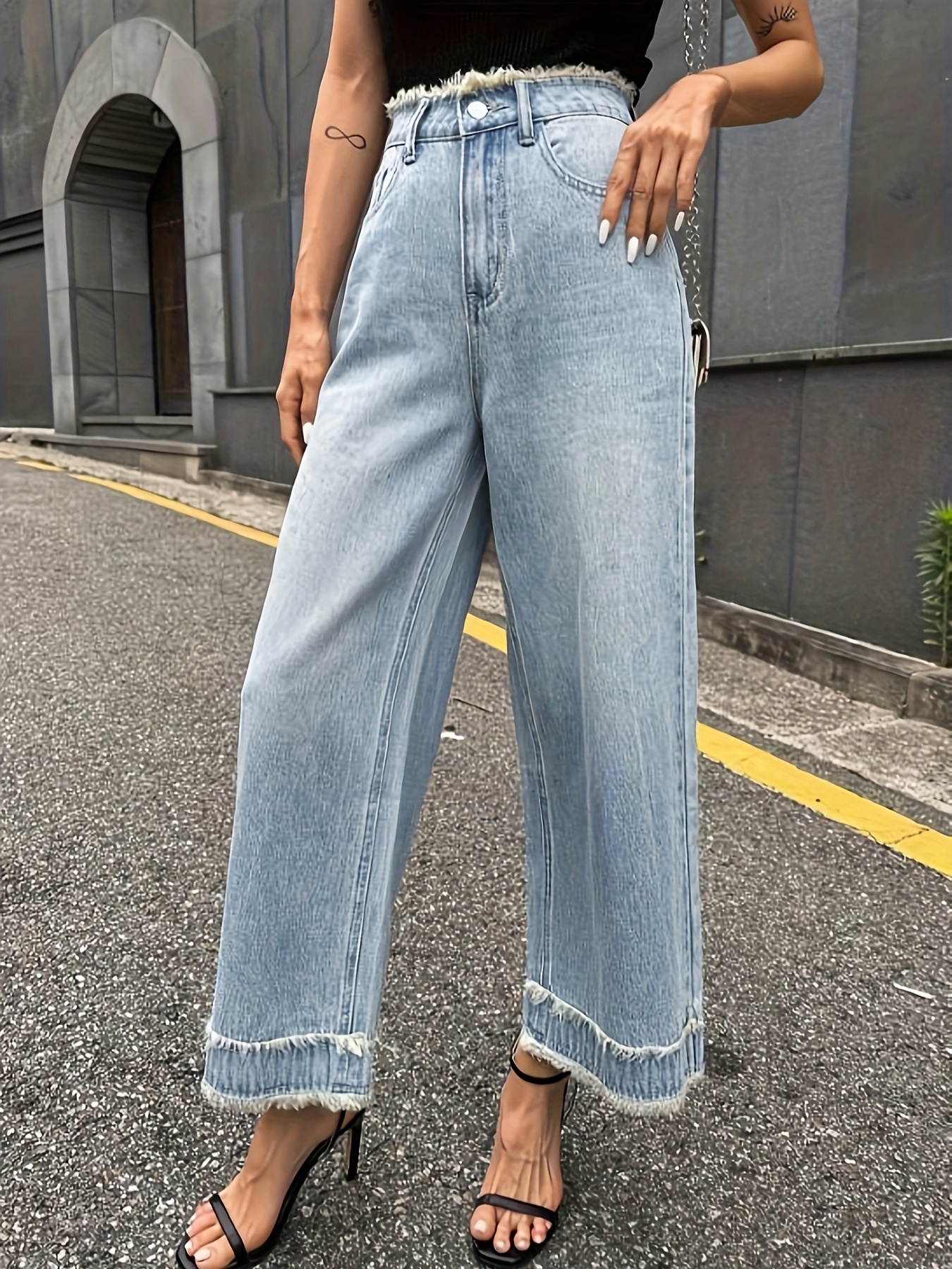 Hem Loose Fit Wide Leg Jeans Plain Washed Blue - Temu United Kingdom