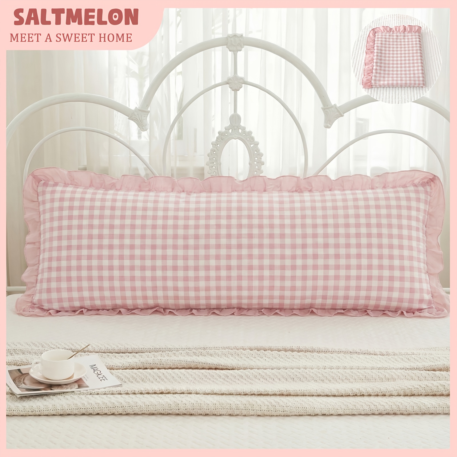 TEMU 1pc Saltmelon Single Bedding Body Pillowcase Suitable For Bedrooms & Dormitories, Pink Coffee Plaid Minimalist Stripe With Closure, Breathable