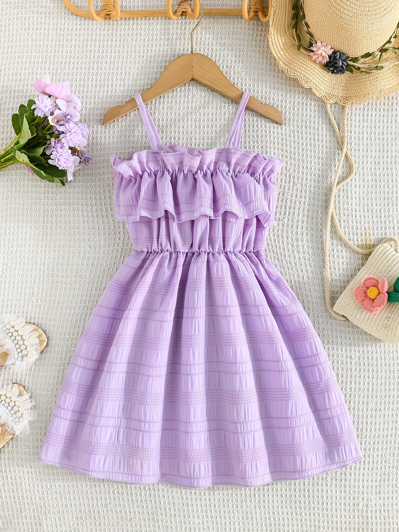 Girls' Elegant Purple Ruffle Suspender Dress with 3D Flower Detail  Sleeveless *-Length Summer Dress for Square Neckline, Flared Hem, S