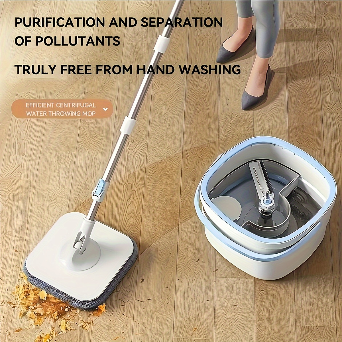 stainless steel flat mop and bucket set with dirt separating bucket and no hand wash system for home use   centrifugal water throwing for living room bedroom bathroom kitchen toilet no electricity needed details 3