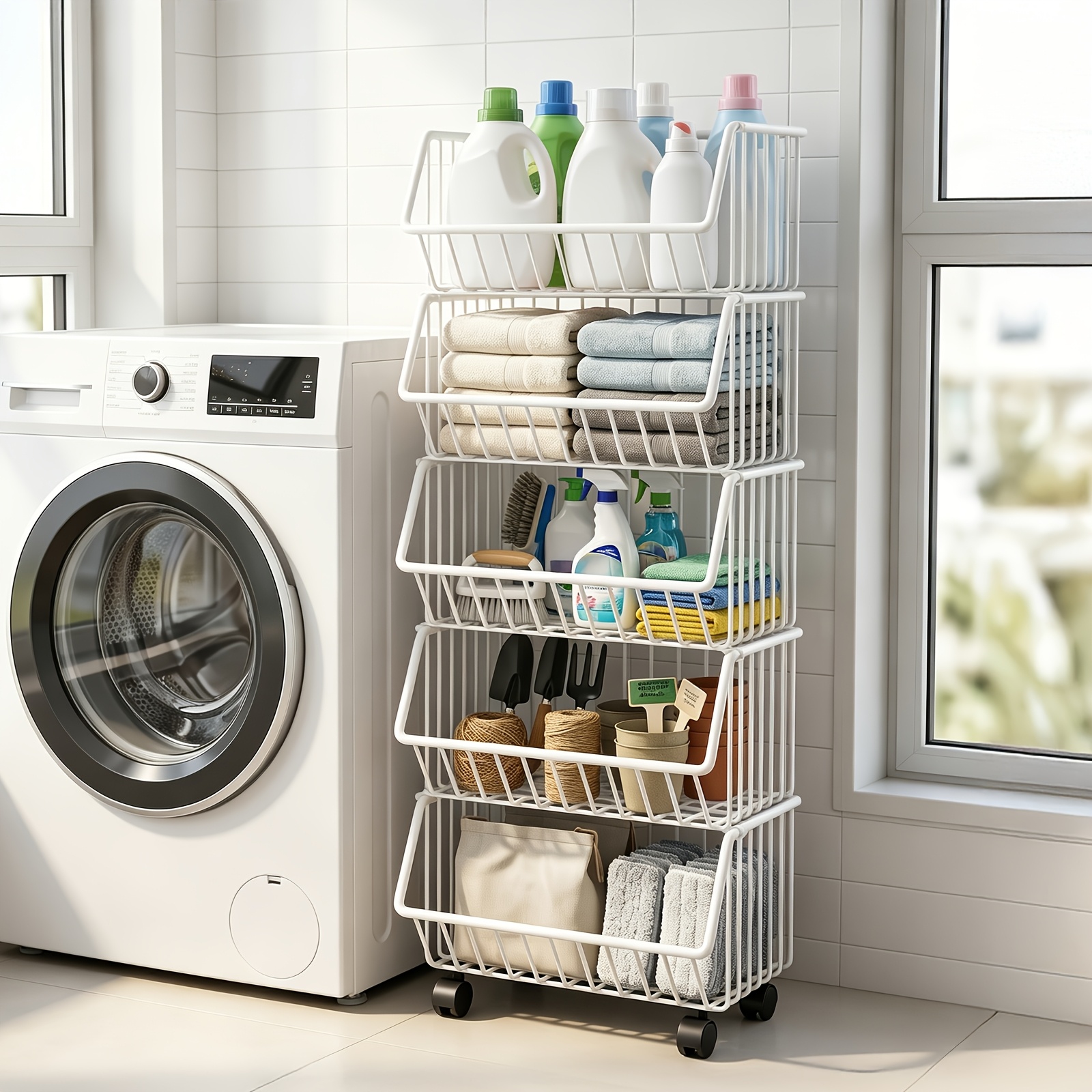 High-capacity Five-layer Vertical Kitchen Storage Rack, Mobile Metal Mesh Basket Organizer, Reinforced Load-bearing Structure, Space- Solution Ideal For Kitchens, Storage Rooms, And Dining Areas.