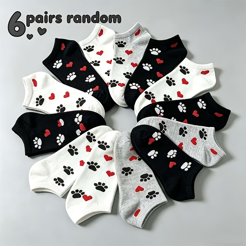 TEMU 6 Pairs Random Women's Cute Paw Print Heart Boat Socks, Spring Summer Low Cut Socks, Casual All-match , Lightweight Comfortable Breathable Short