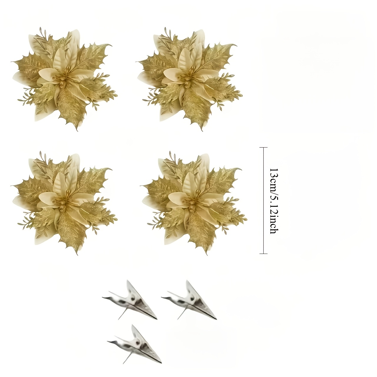 TEMU 7pcs ( + 3 Clips) Golden Artificial Poinsettia Flowers With Clips - Realistic Layered Suitable For Christmas Trees, Wreaths, Weddings,