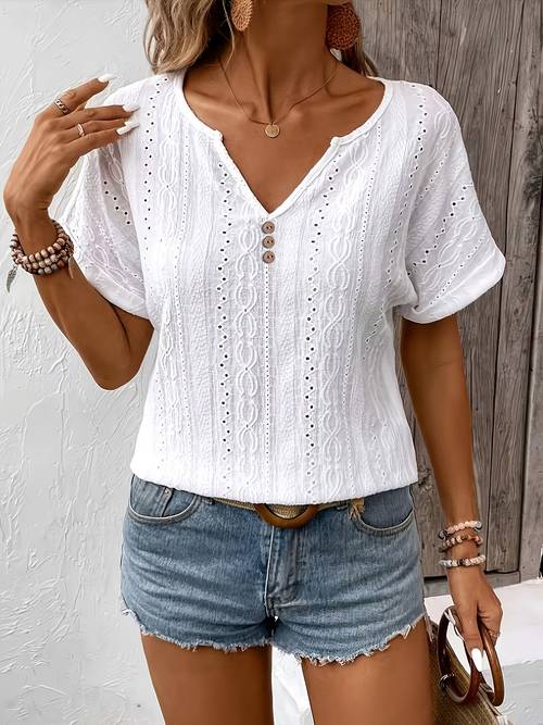 elegant lace eyelet v neck blouse with button detail summer short sleeve top