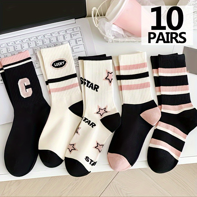 

5/10 paires de chaussettes imprimées étoiles et rayures, style urbain confort et respirant mi-tube pour l'automne et l'hiver, bas et bonneterie pour femmes