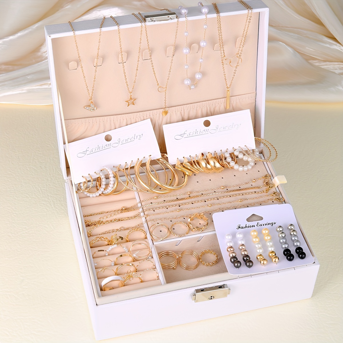 91pcs/114pcs Fashion Minimalist Luxury Metal Wind Hoop Earrings Set Hollow Layered Flower Ring Rhinestone Butterfly Bead Faux Imitation Pearl Pendant Necklace Beaded Bracelet Box Women's Jewelry Set for s Daily Party Friendship Birthday Gift No Box