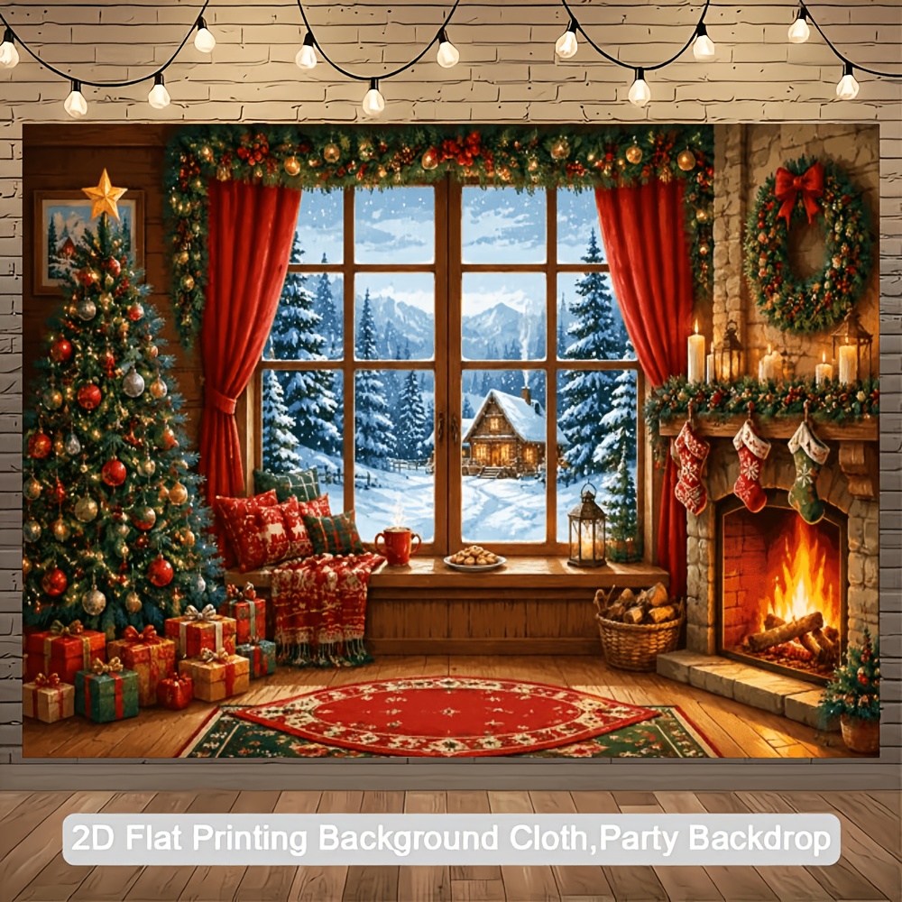 TEMU 2d Flat Banner Flag, 1pc Flag, Christmas Warm Cozy House Theme Background Cloth, Includes Elements Like Christmas Tree, Burning Fireplace, Snowy