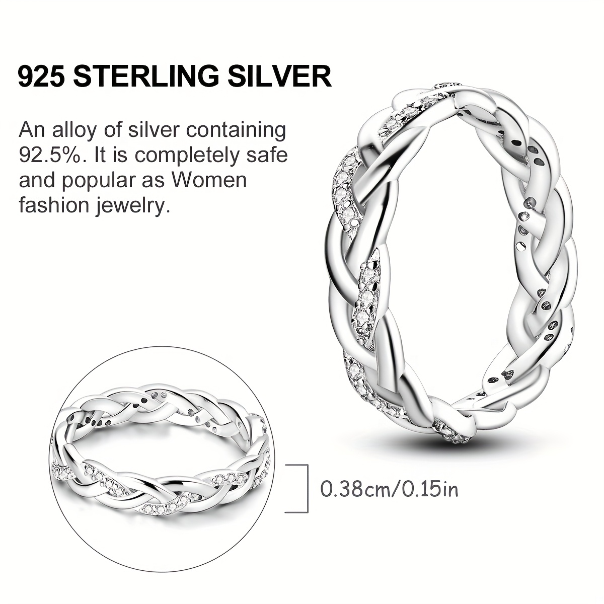 925 Silver Braided Ring with CZ for Wedding and Engagement