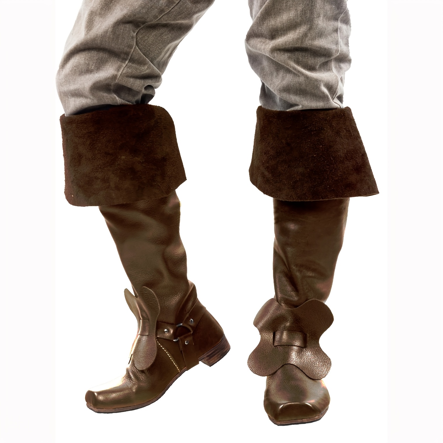 Image of Vintage Fold Over Cuff Boots For Men, Decorative Flower Over Knee Tall Boots, Medieval Renaissance Larp Halloween Party Cosplay Footwear