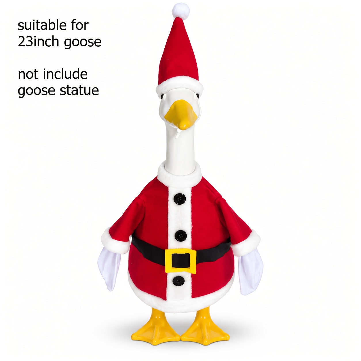 TEMU 23 Inch Goose Statue Christmas Red Santa Outfit With Santa Hat White Trim Black Belt And Button Detail Backyard Lawn Garden Porch Patio Front