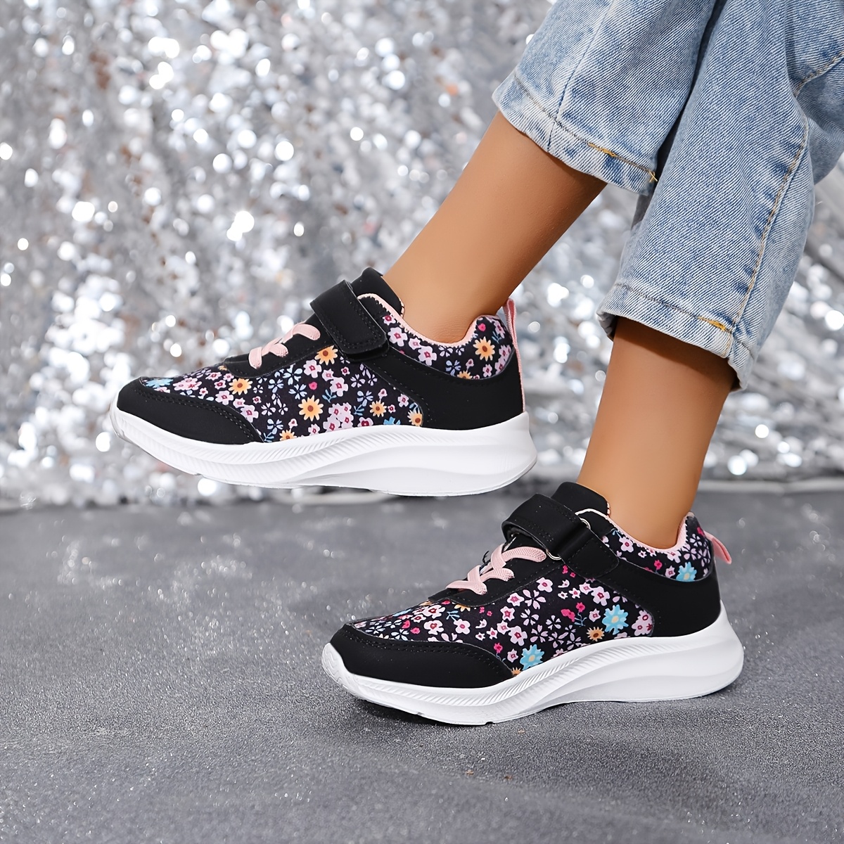 Image of Black Floral Casual Fashionable Comfortable Versatile Sneakers For Girls