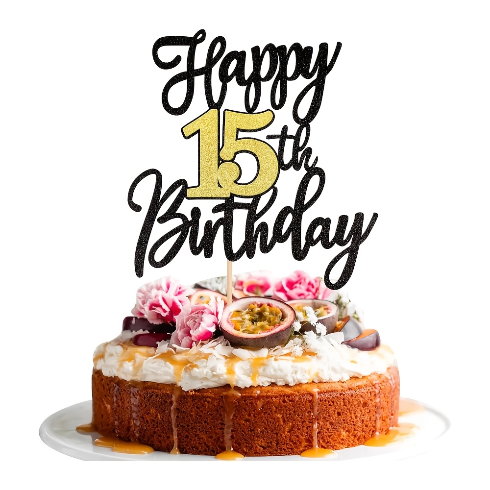 Image of 1pc Happy 15th Birthday Cake Topper Black Golden Glitter Cheers To 15 Years Birthday Cake Pick 15 Decoration For Happy 15th Birthday Anniversary Party Cake Decorations Supplies
