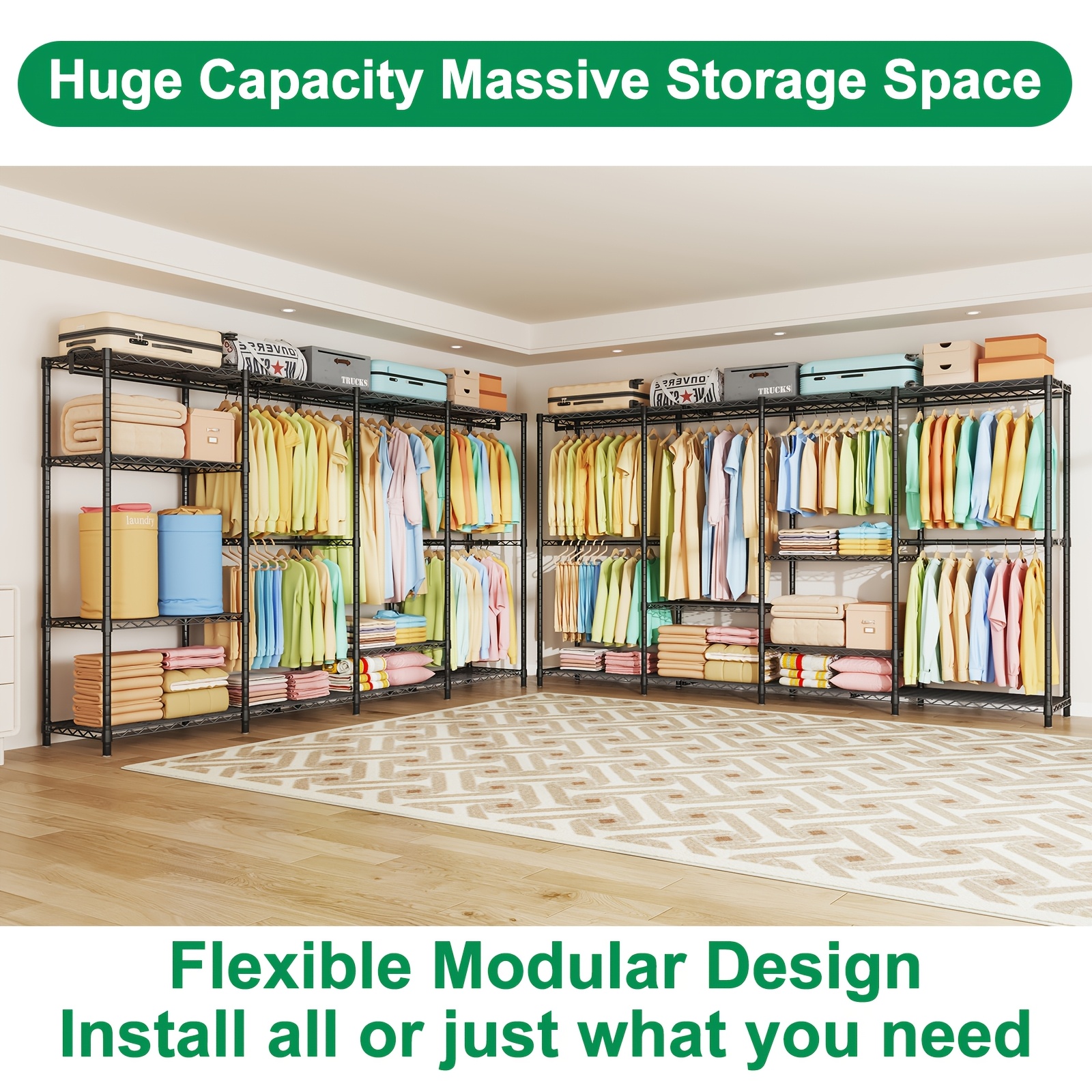 TEMU Modular Closet Organizer Heavy Duty, Extra Large Freestanding Garment Rack With 11 Adjustable Shelves, 4x4 Configurable Clothing Storage Rack,