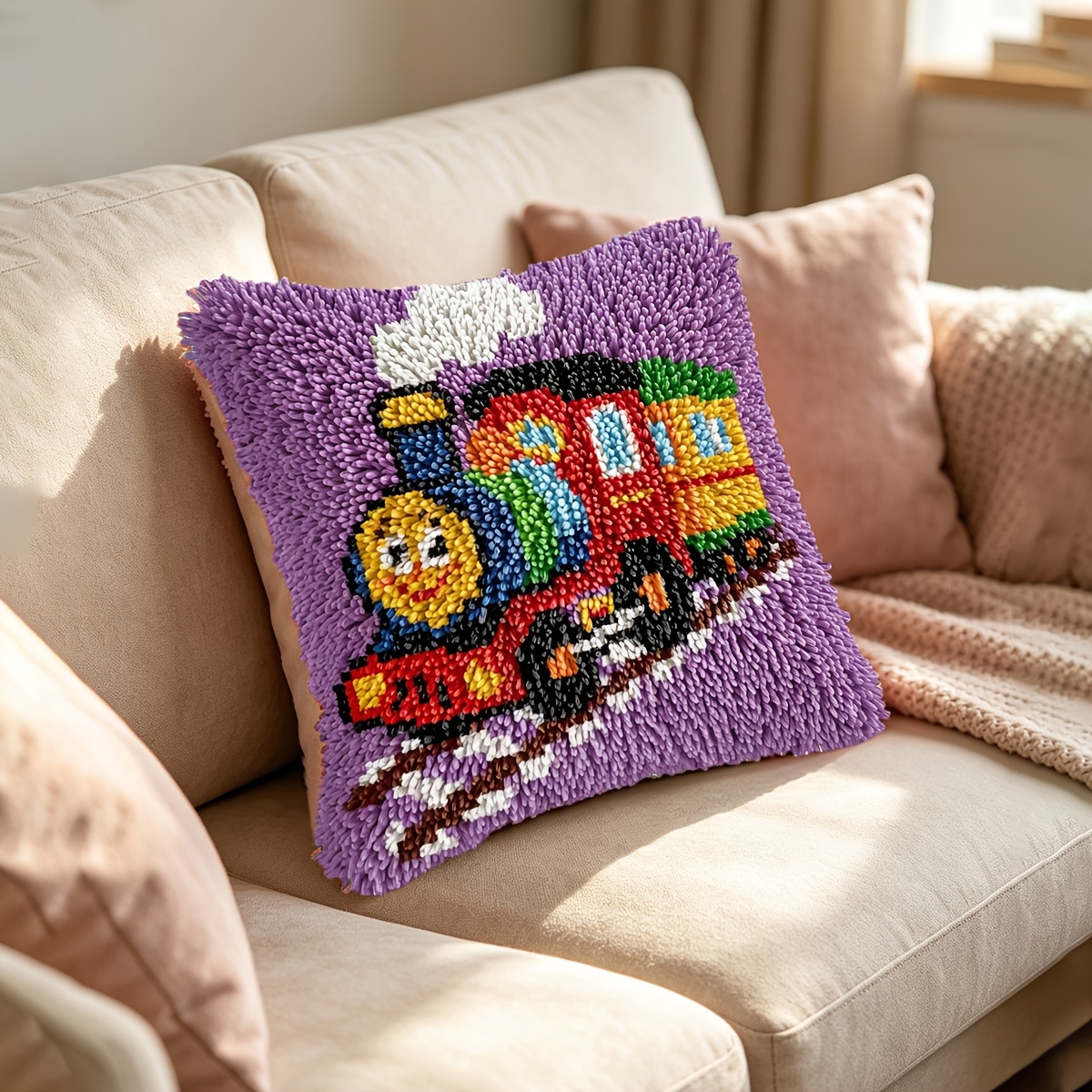 Handmade Pillow Latch Hook Kit with Train Pattern for Home Decor