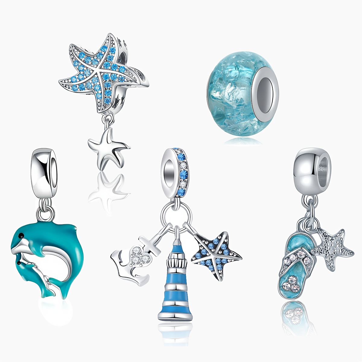 TEMU 5pcs Beading Set, Fashion Craft, Starfish Dolphin Pendant Round Bead Pendant, Diy Bracelet Necklace Accessories