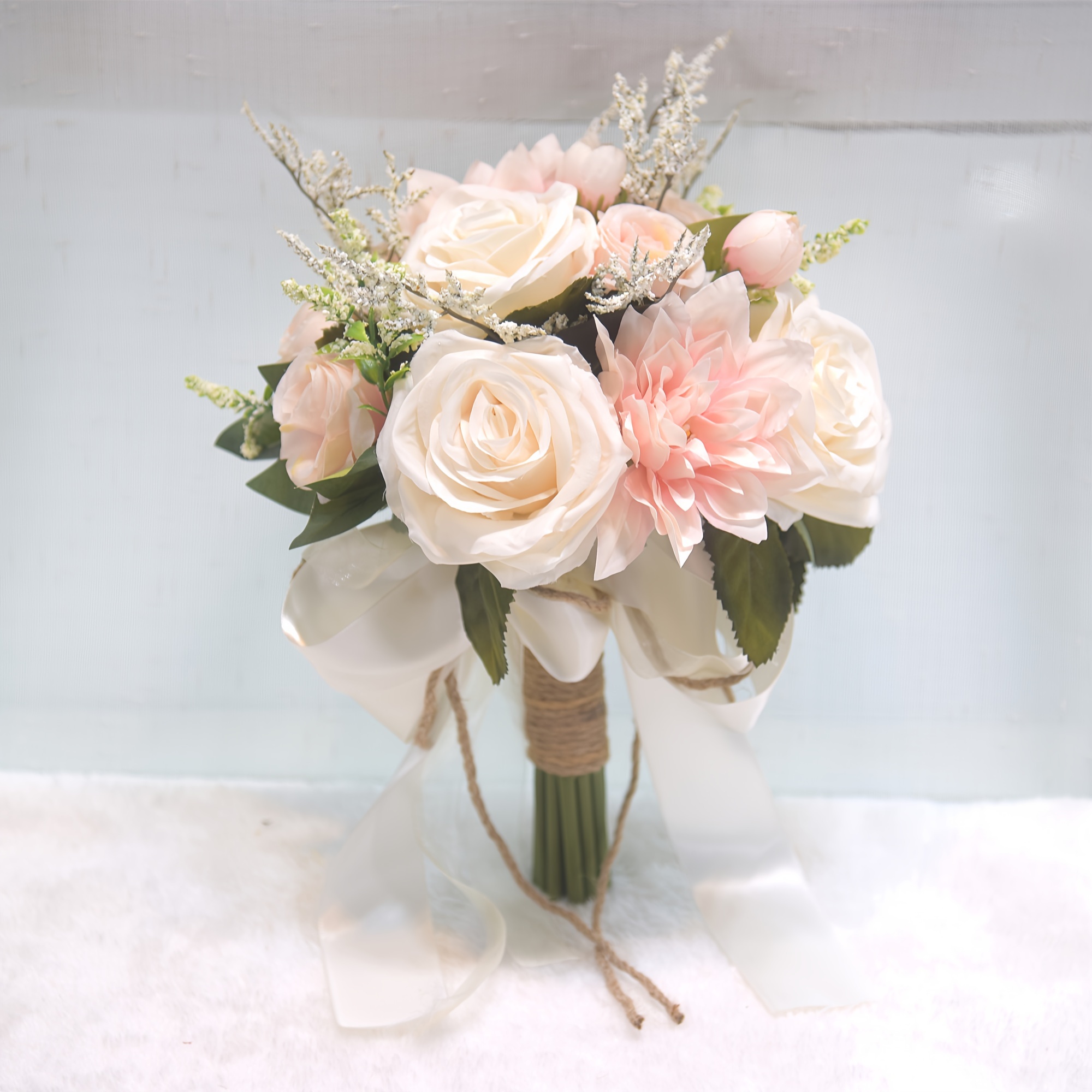 

Elegant Bridal Bouquet For Wedding And Engagement - Hand-tied Artificial Roses, Plastic Faux Flowers, Lifelike Floral Arrangement, Korean Style Wedding Photo Prop