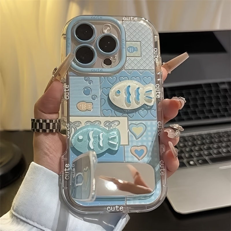 TEMU Cream Shell Painted Grid Heart-shaped Three-dimensional Small Fish Phone Case With Mirror Bracket For 11 12 13 17 Pro Max